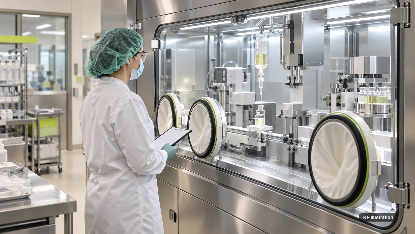 Blick auf einen Isolator mit drei Handschuhringen und Sichtscheibe, im Inneren befüllt eine Anlage einen Infusionsbeutel, eine Mitarbeiterin dokumentiert daneben.