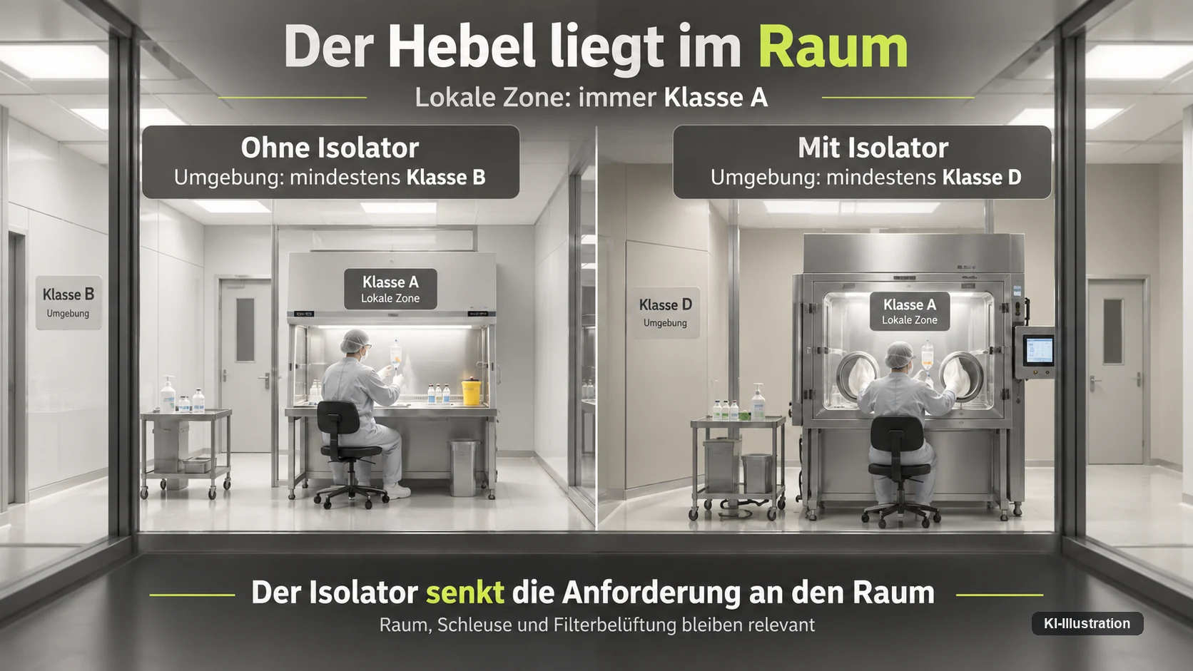 Gegenüberstellung zweier Reinräume: ohne Isolator Umgebung mindestens Klasse B, mit Isolator mindestens Klasse D; die lokale Zone bleibt in beiden Fällen Klasse A.