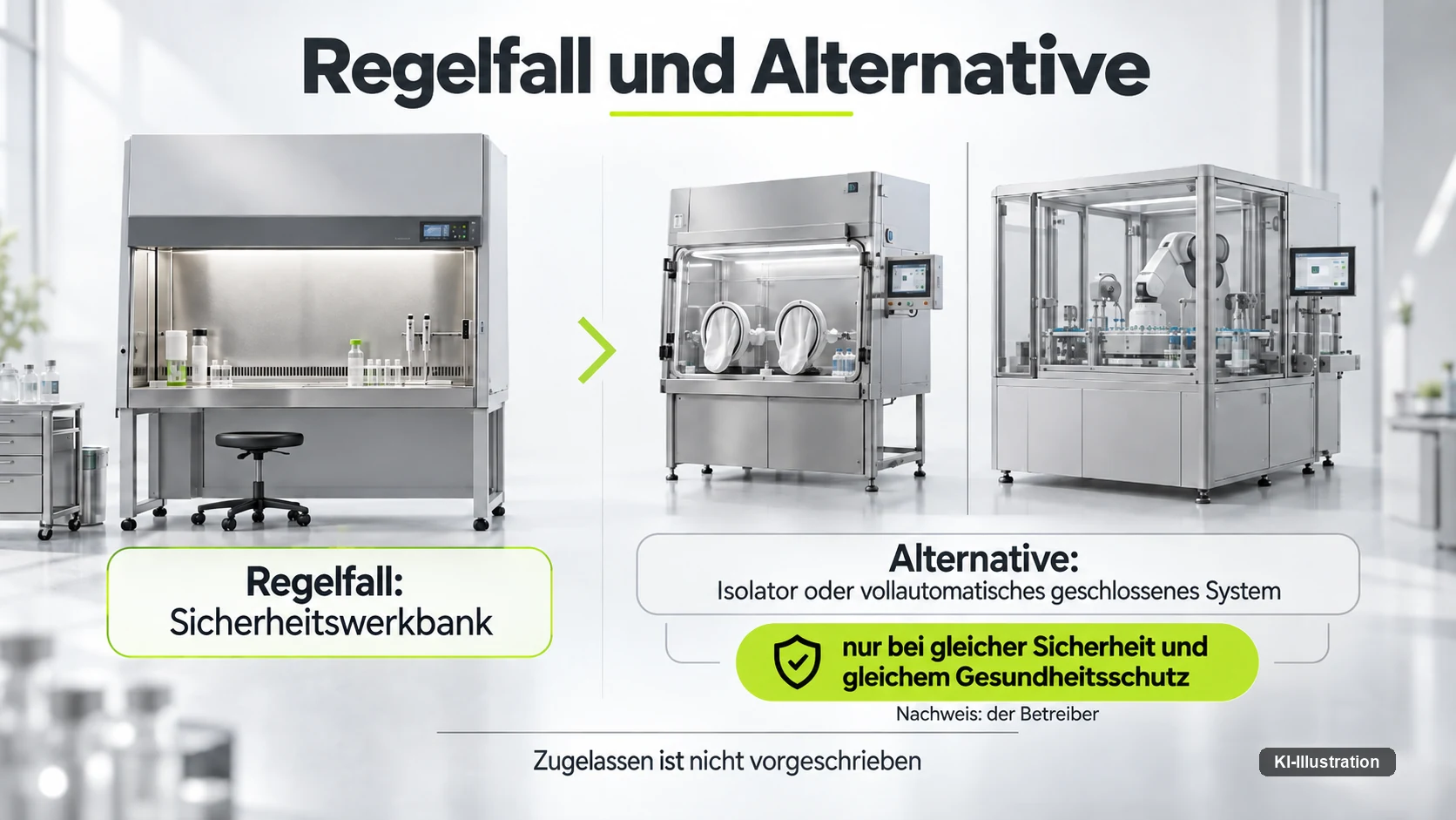 Sicherheitswerkbank als Regelfall neben Isolator und vollautomatischem geschlossenem System als zulässige Alternative bei gleicher Schutzwirkung.