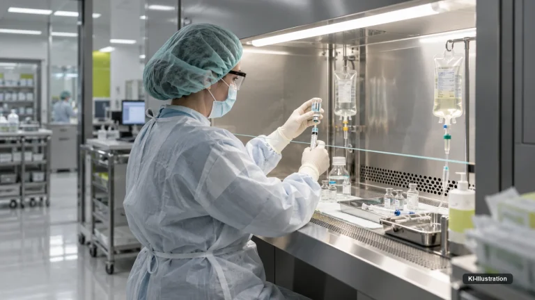 Eine Mitarbeiterin in Schutzkittel, Haube und Schutzbrille zieht an einer Sicherheitswerkbank eine Spritze auf, im Arbeitsfeld hängen zwei Infusionsbeutel.