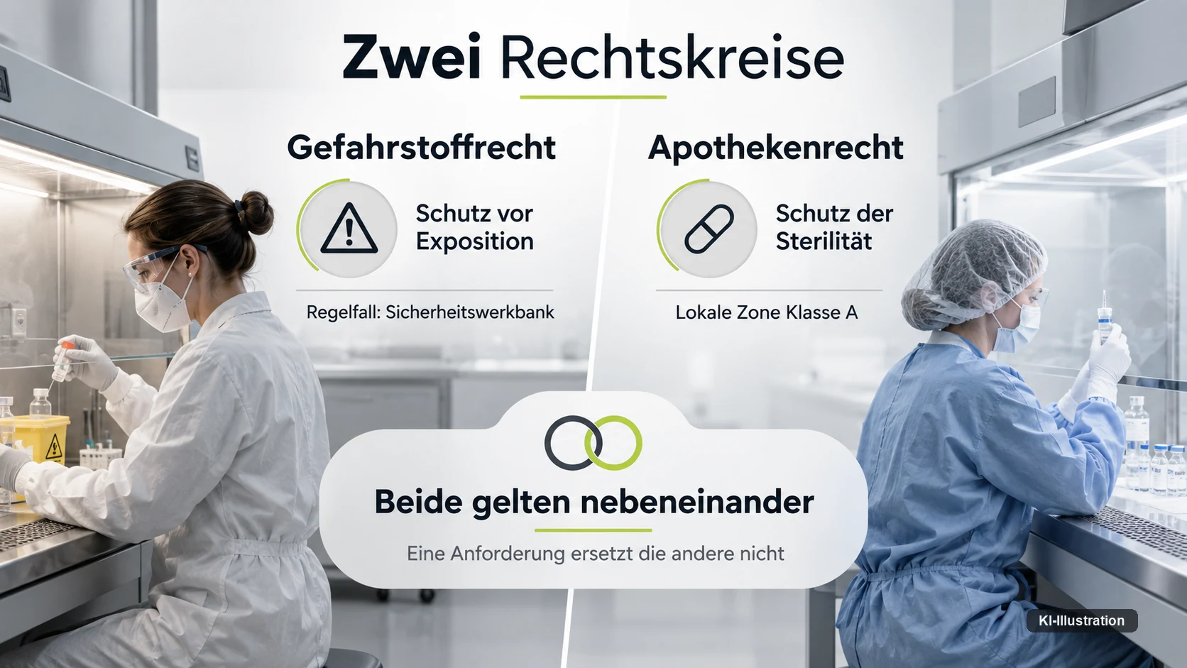 Gegenüberstellung von Gefahrstoffrecht und Apothekenrecht: links Schutz vor Exposition mit dem Regelfall Sicherheitswerkbank, rechts Schutz der Sterilität mit lokaler Zone Klasse A.
