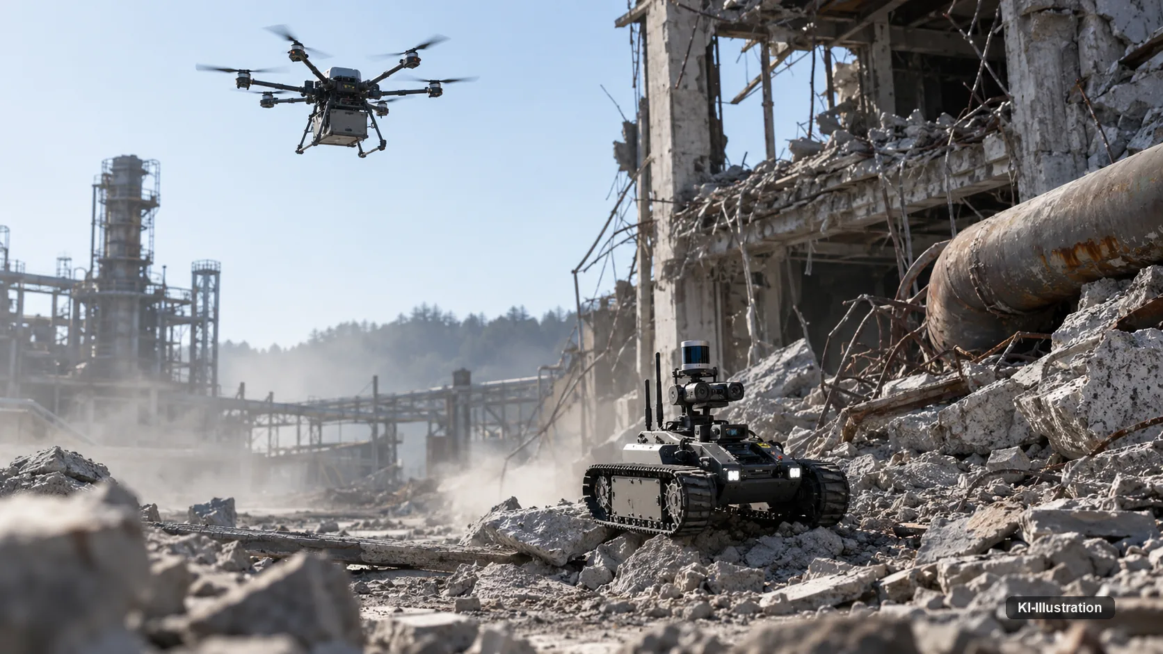 Eine Drohne nähert sich im Anflug einem wartenden Bodenfahrzeug zwischen den Trümmern einer zerstörten Industrieanlage.