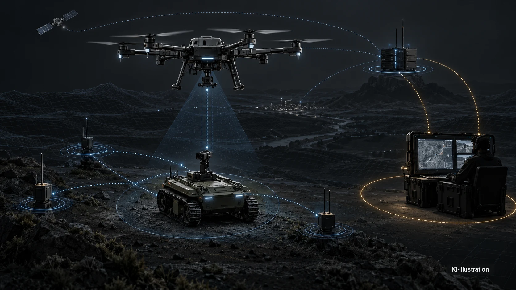 Schematische Nachtszene mit Drohne, Bodenroboter, Satellit, Relaisstation und einem Operator an zwei Bildschirmen, verbunden durch Datenlinien.