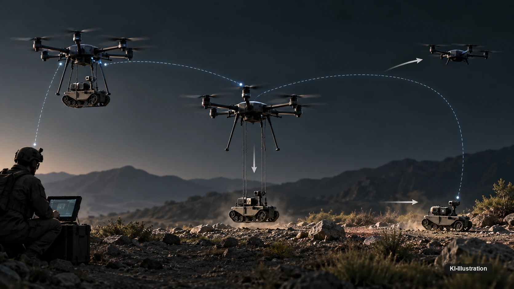 Ein Operator mit Laptop steuert bei Nacht zwei Drohnen-Bodenroboter-Paare, eingezeichnete gestrichelte Linien markieren deren Bewegungspfade.